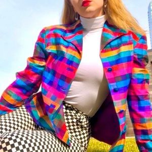 Raw Silk RAINBOW pleated Check Striped Blazer